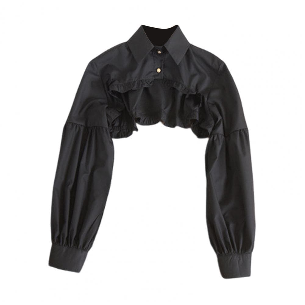 Women Fake Collar Lapel Lantern Long Sleeve Single Breasted Ruffle Stitching Hem False Collar Solid Color Sweater Decorative Col black