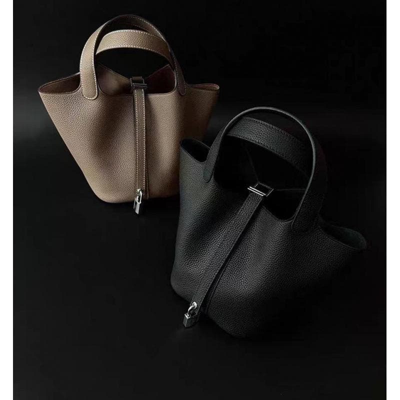 Premium Waxed Cowhide Leather Hand-Sewn Picotin Bucket Bag for Women Black