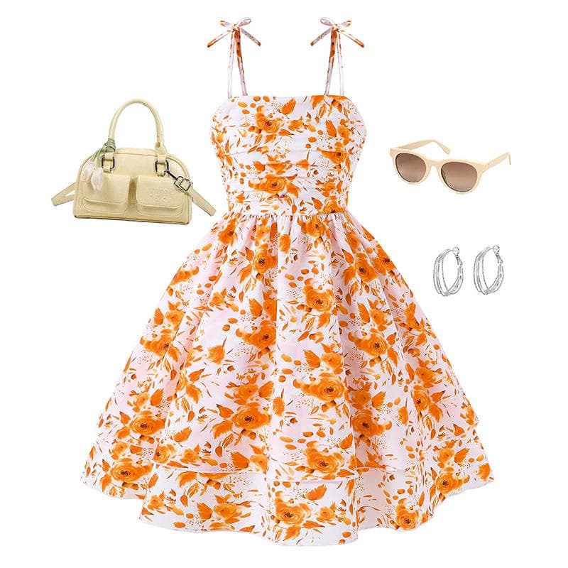 Girls' 2025 Spring/Summer Sling Princess Dress - European & American Style 12Y floral/orange