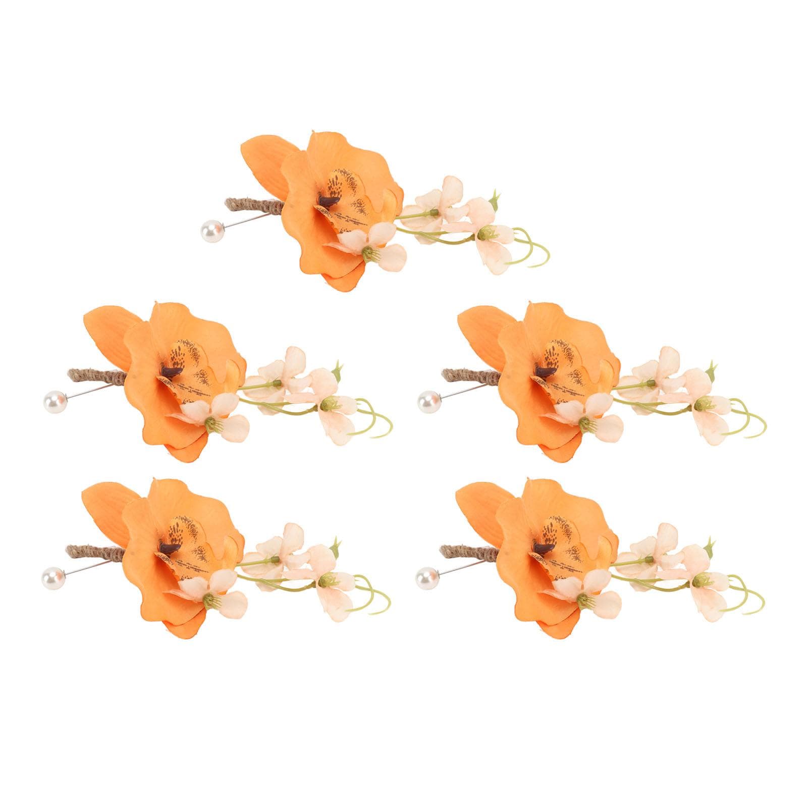 5 Pcs Groom Boutonniere Elegant Men Wedding Flower Lifelike Permanent Reusable Artificial Brooch orange