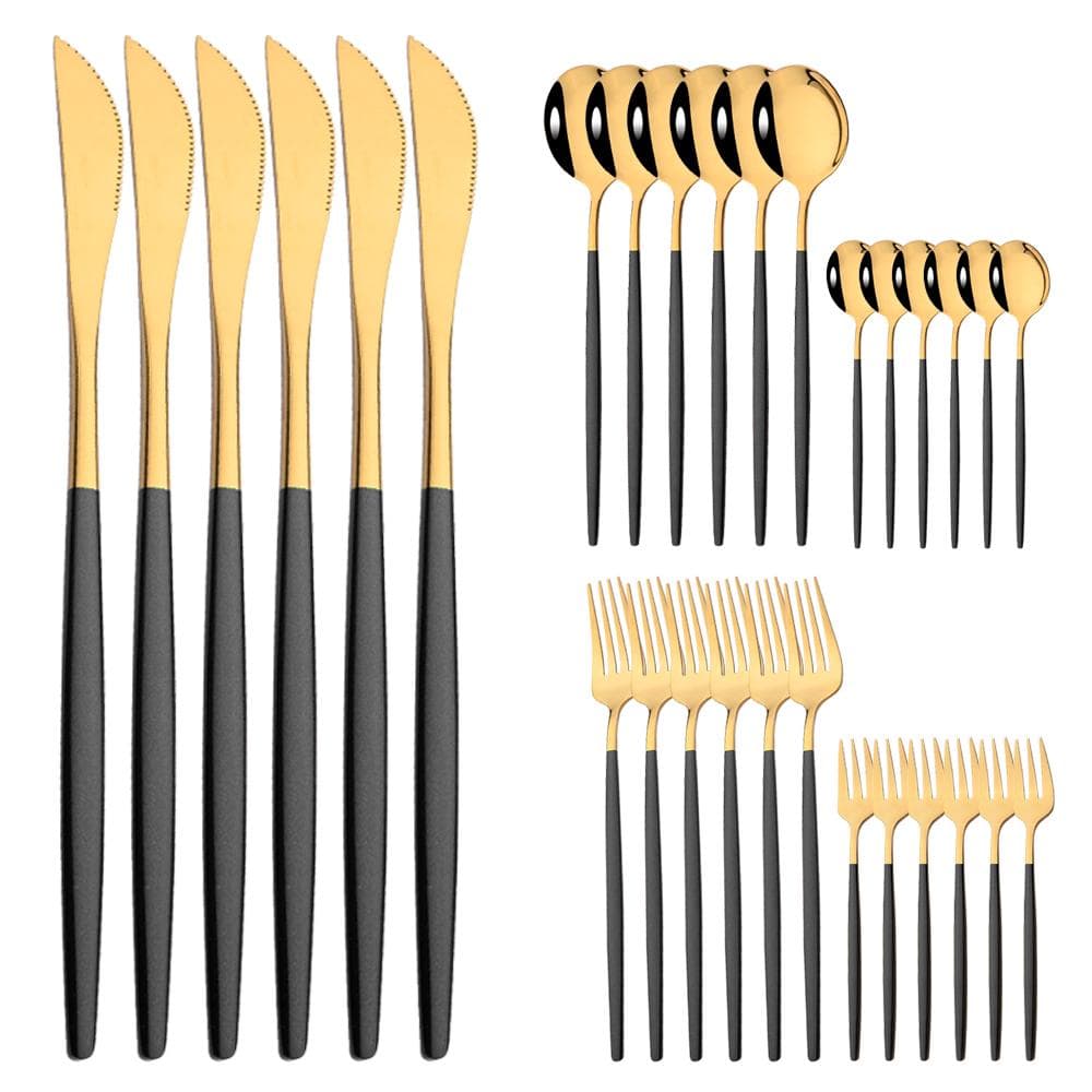 30Pcs Black Gold Cutlery Set Knife Cake Fork Spoon Dinnerware Set Flatware Stainless Steel Silverware Party Kitchen Tableware gold/black