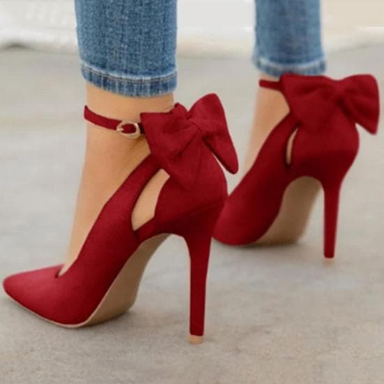 Sweet Spring and Summer Bow Tie Pointed Shallow Mouth Single Shoes Thin Heel High Heel Shoes Temperament Fashion Women's Shoes 39 red
