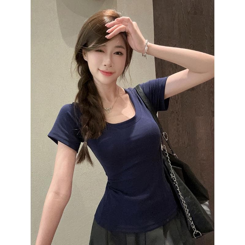 Versatile U-neck front shoulder short-sleeved T-shirt women's summer new slim-fitting and thin solid-color simple top XL navy blue