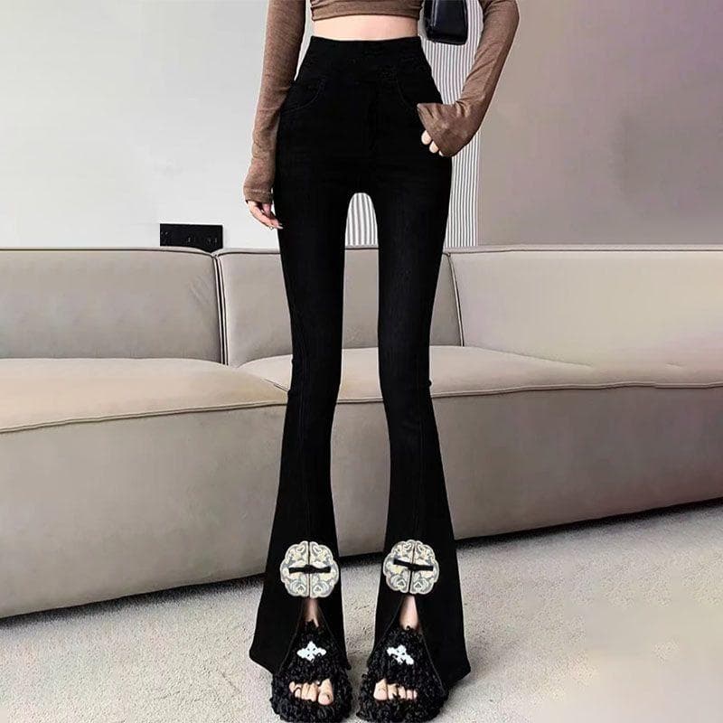 Spring and Summer Style Chinese Style Light-flare Barbie Pants for Women with High Waist Shark Pants Slim and Versatile Bell-bottom Pants Embroidered 4XL black