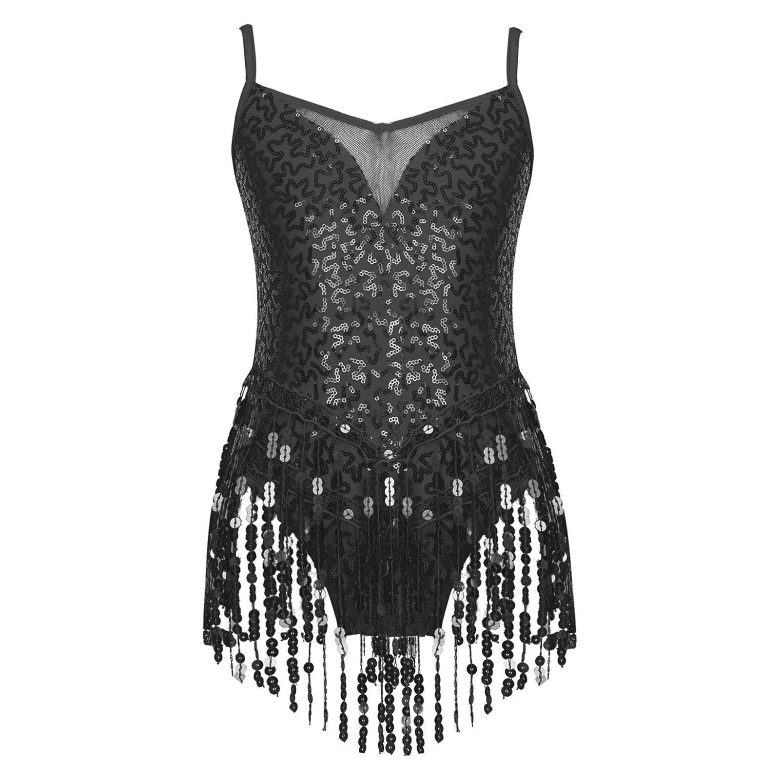 Kids Girls Latin Dance Shiny Sequin Mesh Patchwork Tassel Hem Leotards Skating 9-10 Years black