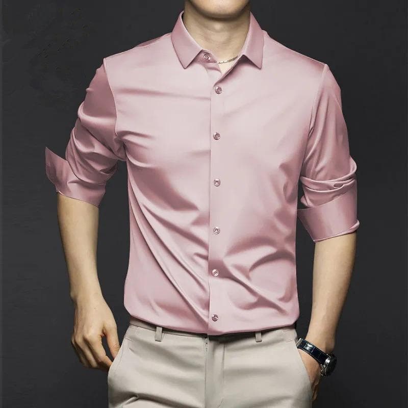 New Stretch Anti-Wrinkle Men's Shirts Long Sleeve Dress Shirts for Men Slim Fit Social Business Blouse White Shirt 6XL S pink