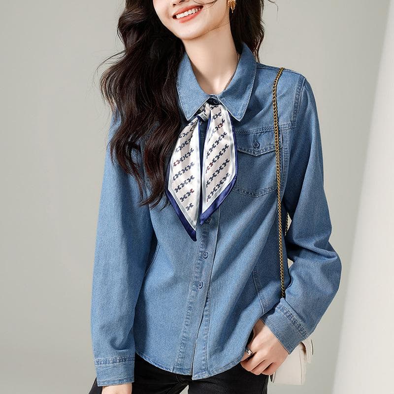 New Autumn Clothes with Scarf and Versatile Thin Denim Shirt for Women 2XL