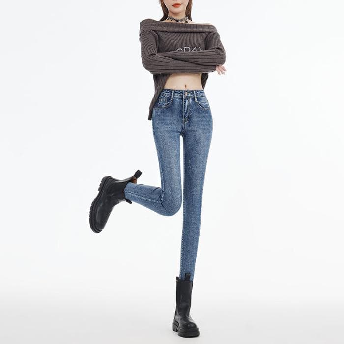 Autumn and Winter Pencil Pants High Waist Breasted Belly Thin Elastic Nine-point Jeans Women 32