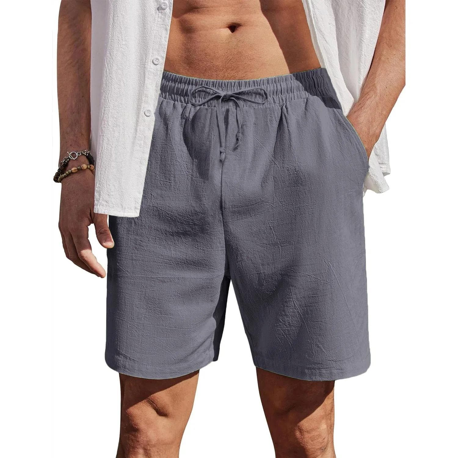 Men's Cotton Linen Shorts Beach Style Lightweight Breathable Casual Short Pants Vacation Hawaii Loose Fit Comfortable Shorts L