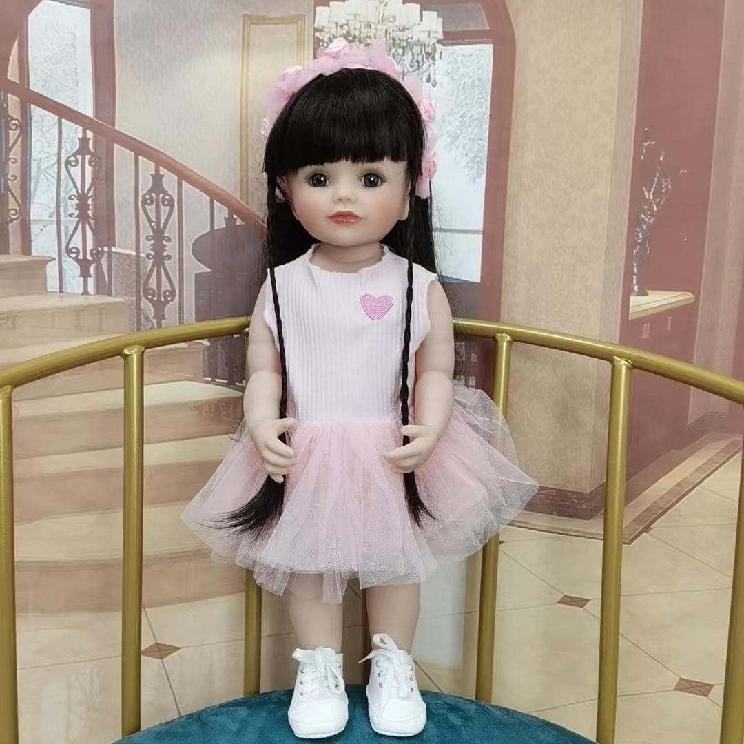 BZDOLL Full Silicone Body Can Stand Reborn Baby Brown Long Hair Girl Doll Toy 55 CM 22 Inch Lifelike Realistic Princess Toddler Bebe