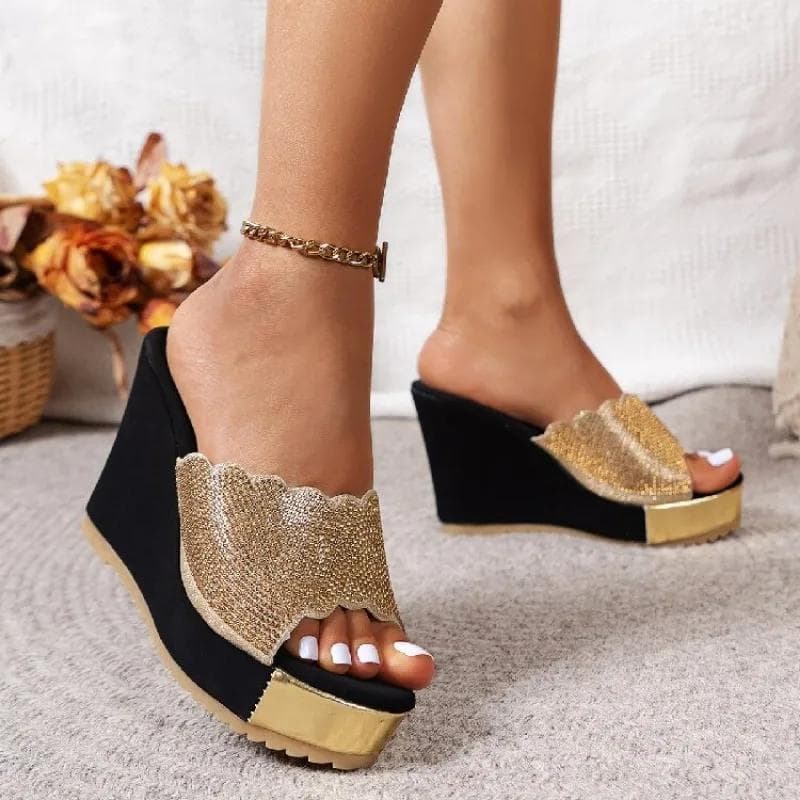Womens Slippers Fashion Open Toe Casual Vacation Wedge Thick Sole High Heels Luxurious Rhinestone Color Block Sandalias De Mujer 36 black