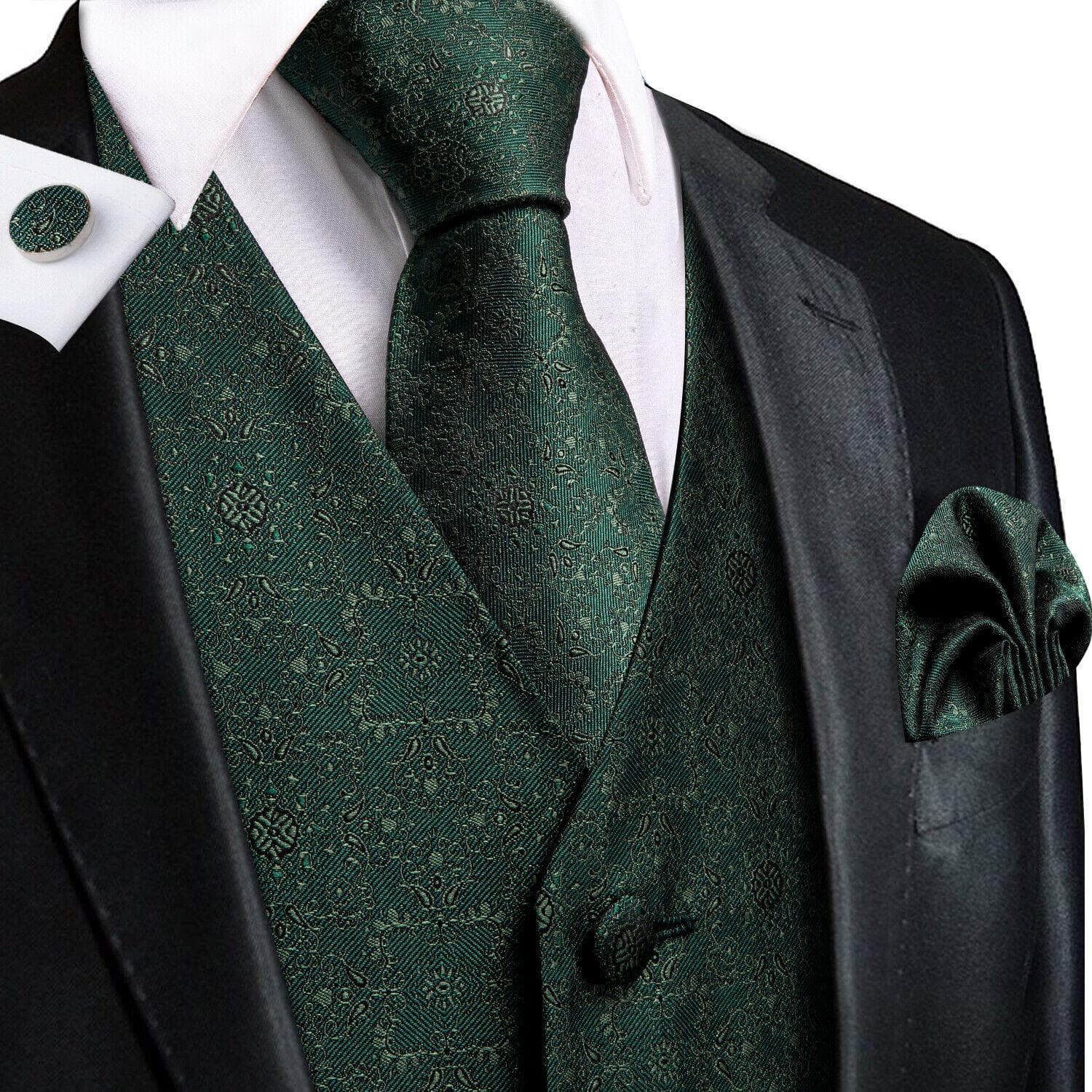 Hi-Tie Mens Waistcoat Silk Paisley Floral Tie Handkerchief Cufflinks SET Formal L