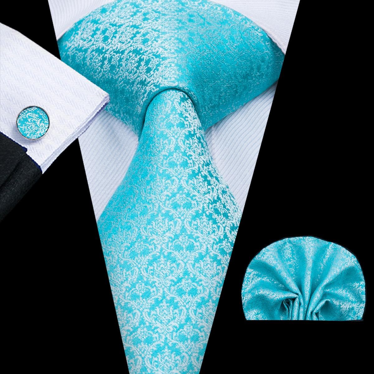 Hi-Tie Mens Accessories Silk Tie Handkerchief Cufflinks Set for Wedding Party Floral Solid Necktie N-3043