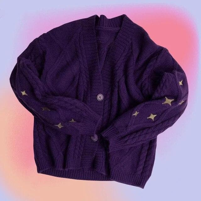 Winter Loose Cardigans Women Star Embroidered Knitted Sweaters Tay Vintage Y2K Streetwear Single Breasted Long Sleeve Top Coats S purple