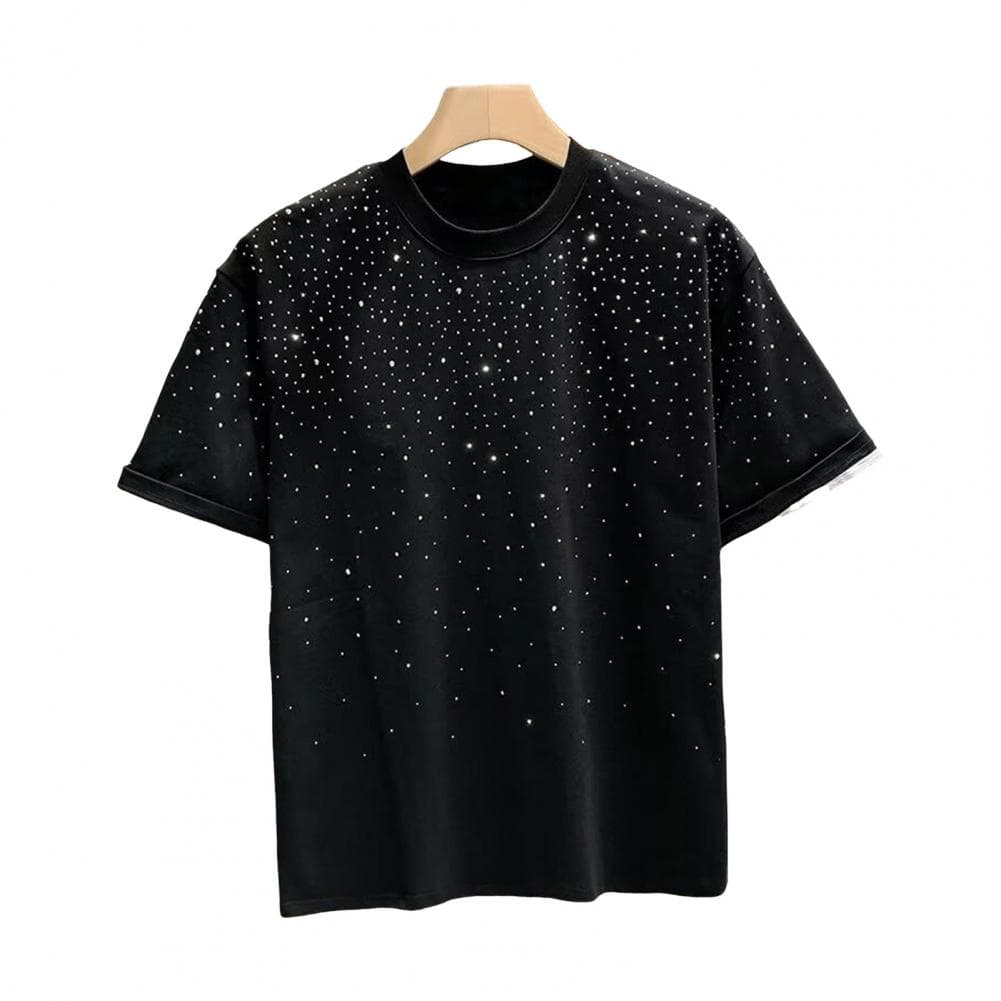 Summer Couple T-shirt Rhinestone Decor Round Neck Plus Size Short Sleeves Loose Pullover Solid Color Mid Length Unisex Daily Top XXL black