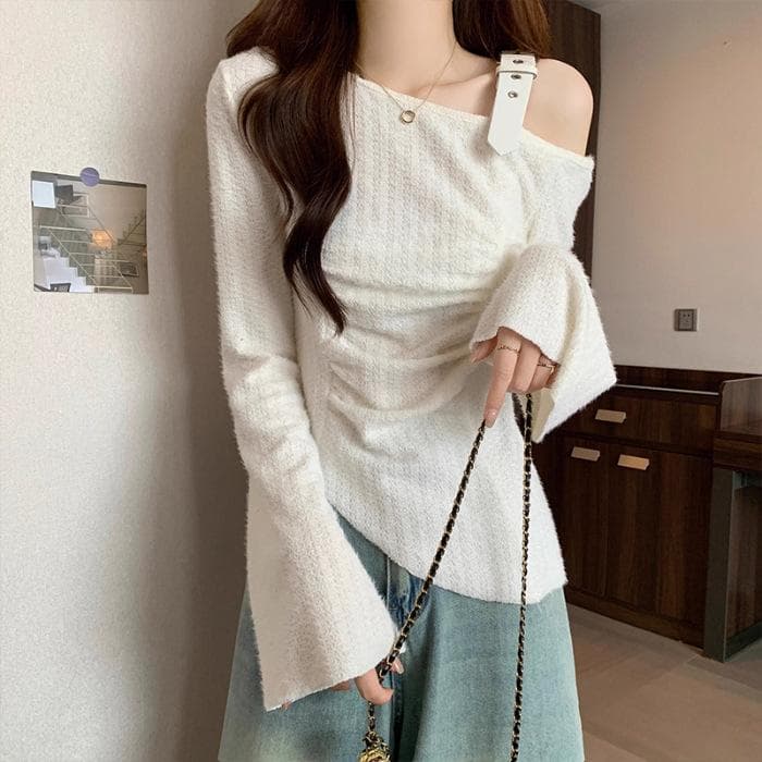 Design Pure Style Off-shoulder Long-sleeved Top for Women's Spring and Autumn Thin Slim Knitted Sweater XL white