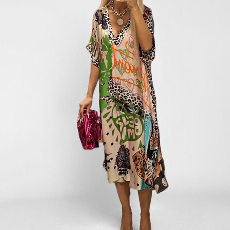 New Summer Women's Clothing Elegant and Fashionable Printed V-neck Long Dress L green