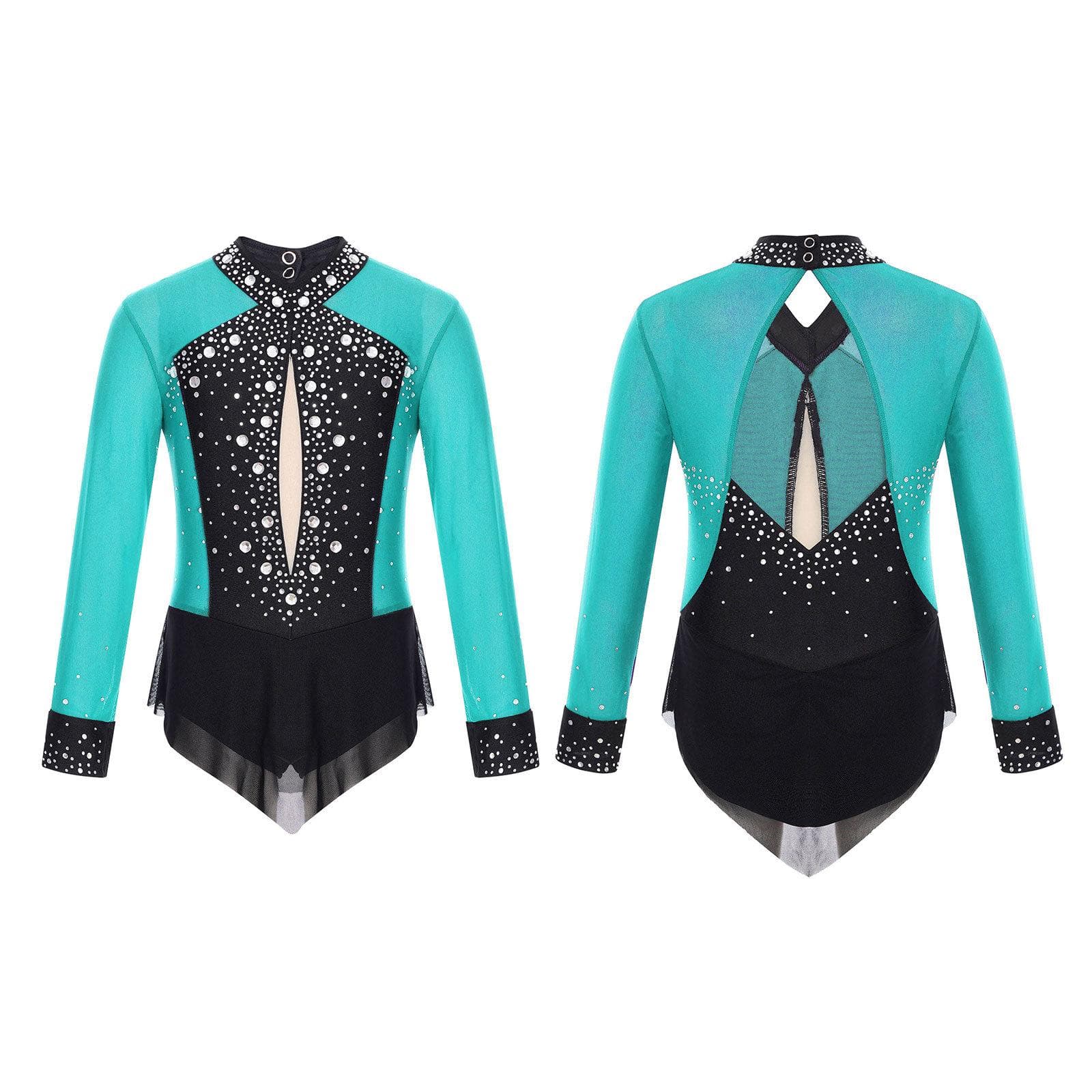 Kids Girls Shiny Sheer Mesh Long Sleeve Figure Skating Gymnastics Ballet Dance Leotards Bodysuit 5-6 Years blue/green
