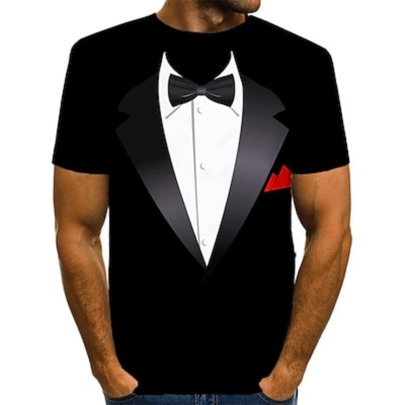 Men's Graphic Tee Tuxedo Shirts Short Sleeve T shirt 3D Print Round Neck Shirt Exaggerated Basic Daily Black White Yellow Clothing Apparel Normal L