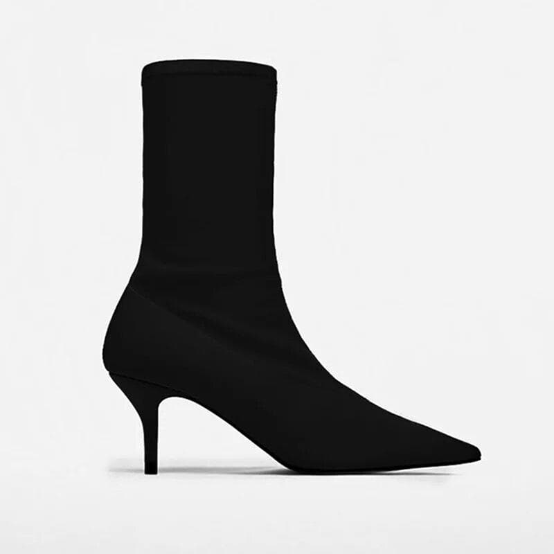 Autumn Women Sock Boots Stretch fabric High Heels Pointed Toe Ankle Boots Pumps Stiletto Lady Shoes 39 black