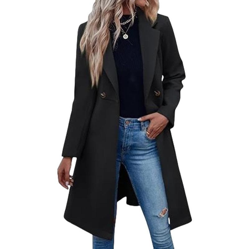 Autumn and Winter Long Woolen Women's Coat Waisted Belted Double-breasted Coat M black