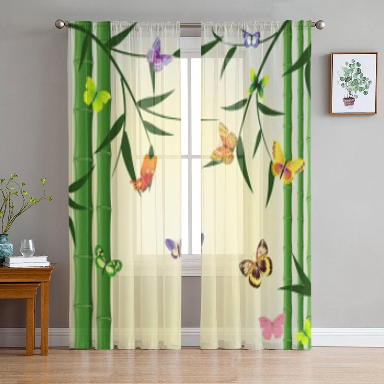 Oriental Bamboo Butterflies Sheer Curtain For Living Room Bedroom Voile Curtains For Window Organza Curtains Party Tulle Drapes 135W x 114H(cm)