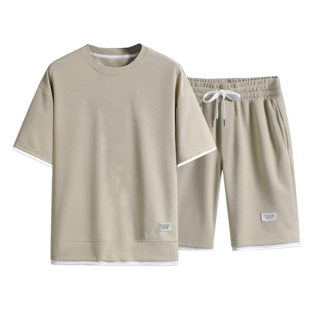 2Pcs/Set Men Sportwear Set O-neck Short Sleeve T-shirt Elastic Drawstring Waist Wide Leg Shorts Set Fake Two Piece Waffle Textur XXXL apricot
