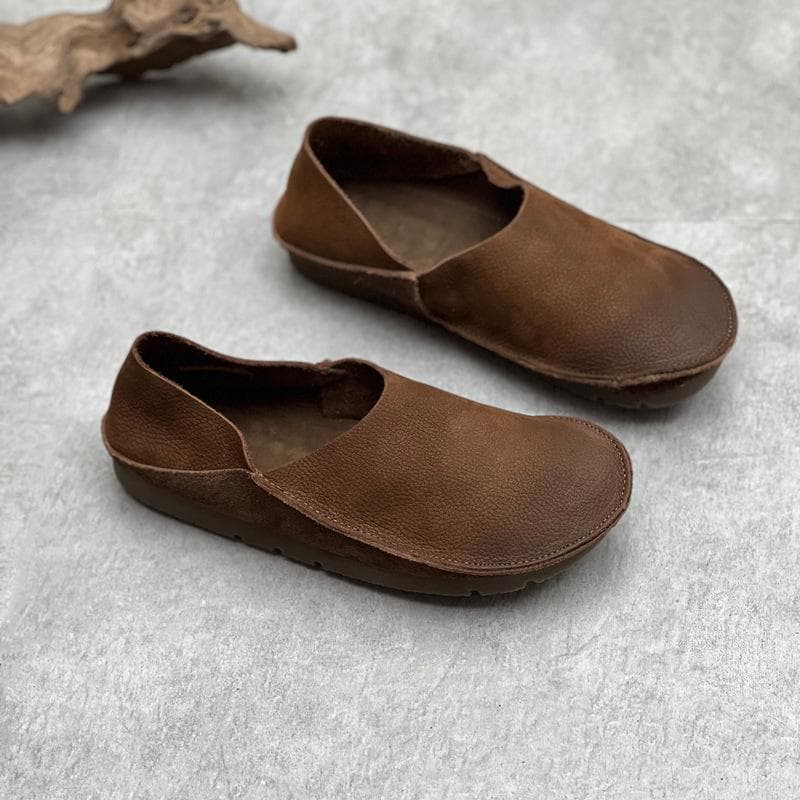 Johnature Retro Women Genuine Leather Shallow Flats Shoes Handmade Soft Sole Casual Round Toe Solid Color Loafers 36 coffee