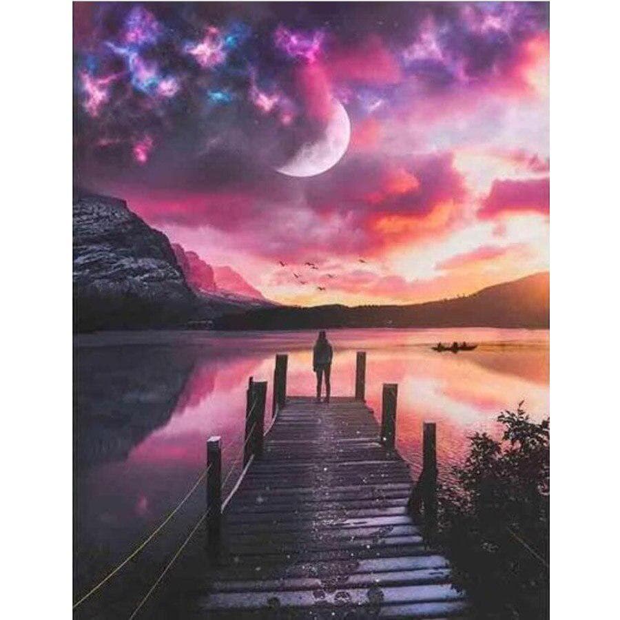 Dimond Painting Sunset Wharf Landscape Full Round Diamond Embroidery Cross Stitch 20X30CM