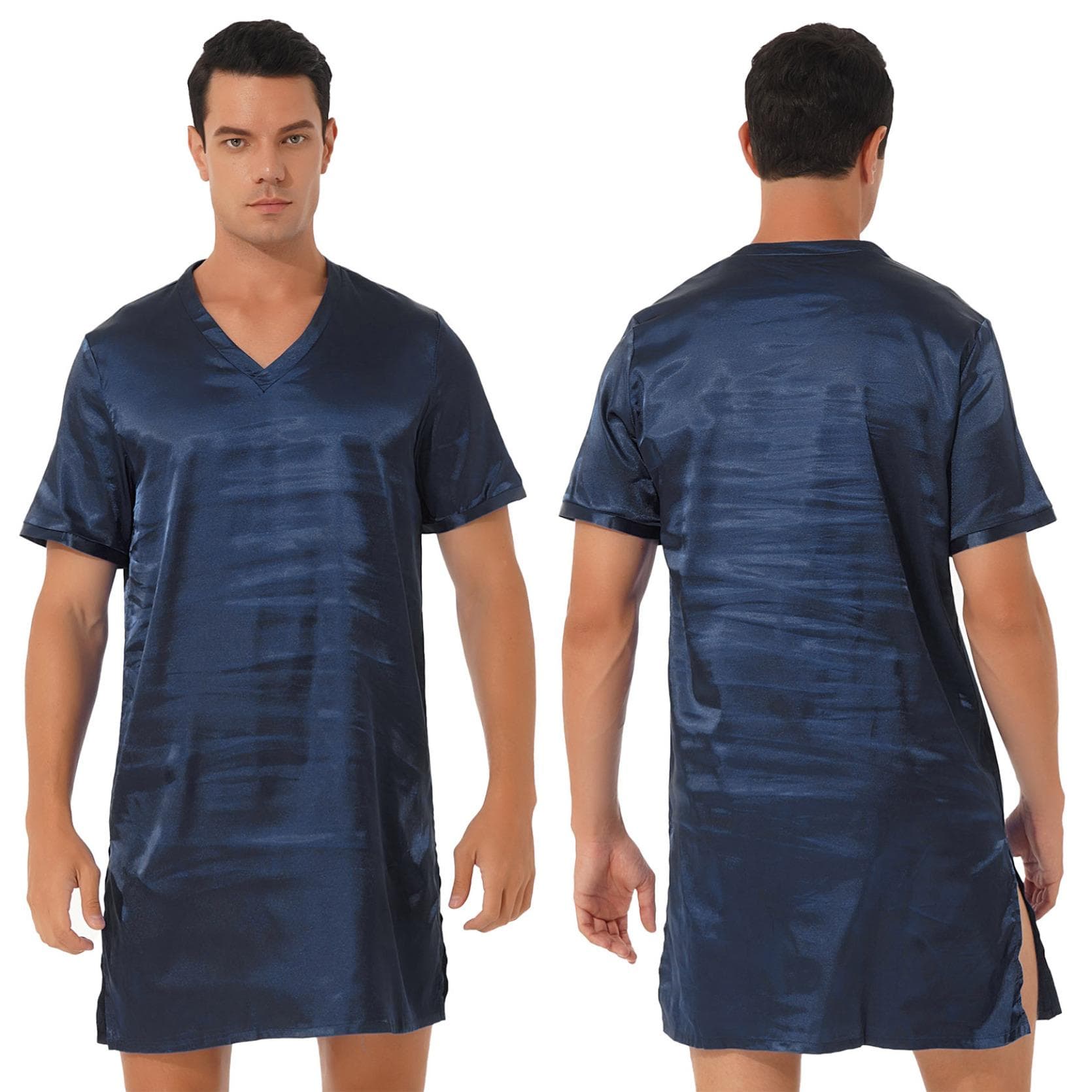 Sleepwear Mens Silk Satin Nightshirt Short Sleeve Pajamas Nightgown Night Shirts for Sleeping XXL navy blue