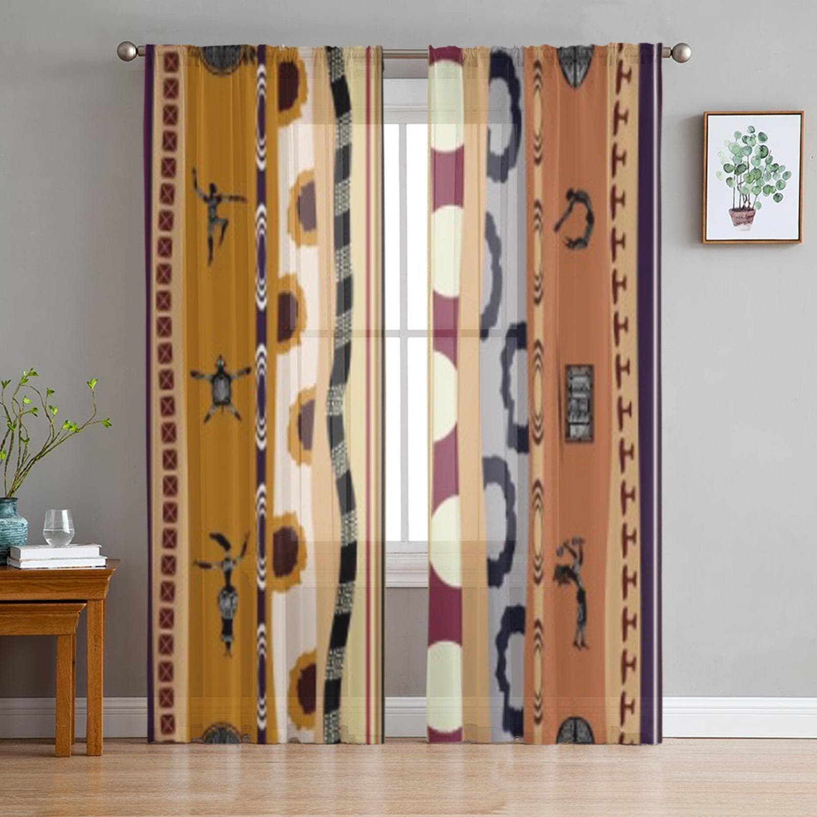Seamless Tribal Pattern With Silhouettes Of The People Chiffon Sheer Curtains Living Room Bedroom Window Voiles Tulle Curtain 135W x 114H(cm)