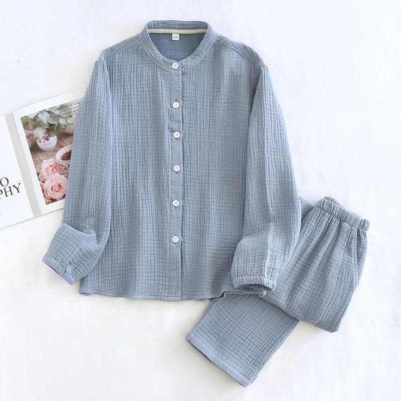 Spring and Autumn New Couple Pajama Set 100% Pure Cotton Crepe Cloth Men's and Women's Stand Up Neck Simple Home Clothing 2XL