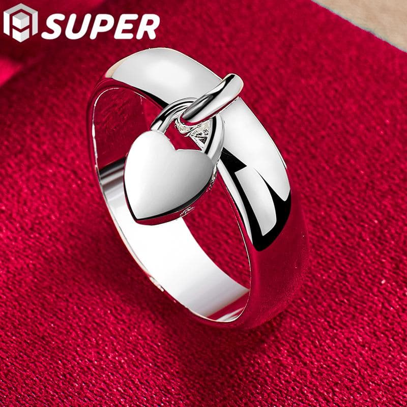 925 Sterling Silver Heart Lock Ring Jewelry 9#