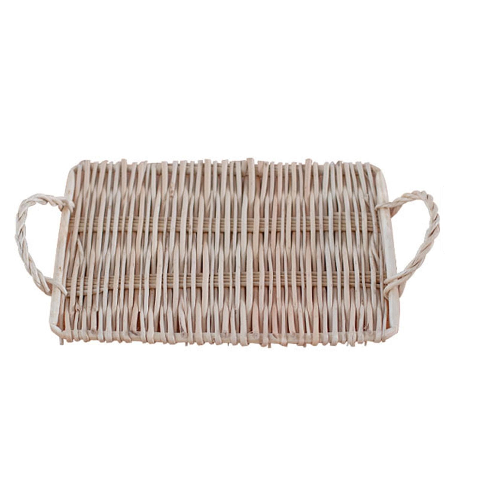 Woven Rattan Decorative Tray Handheld Woven Fruit Snack Bread Tray with Handle for Serving Rectangular