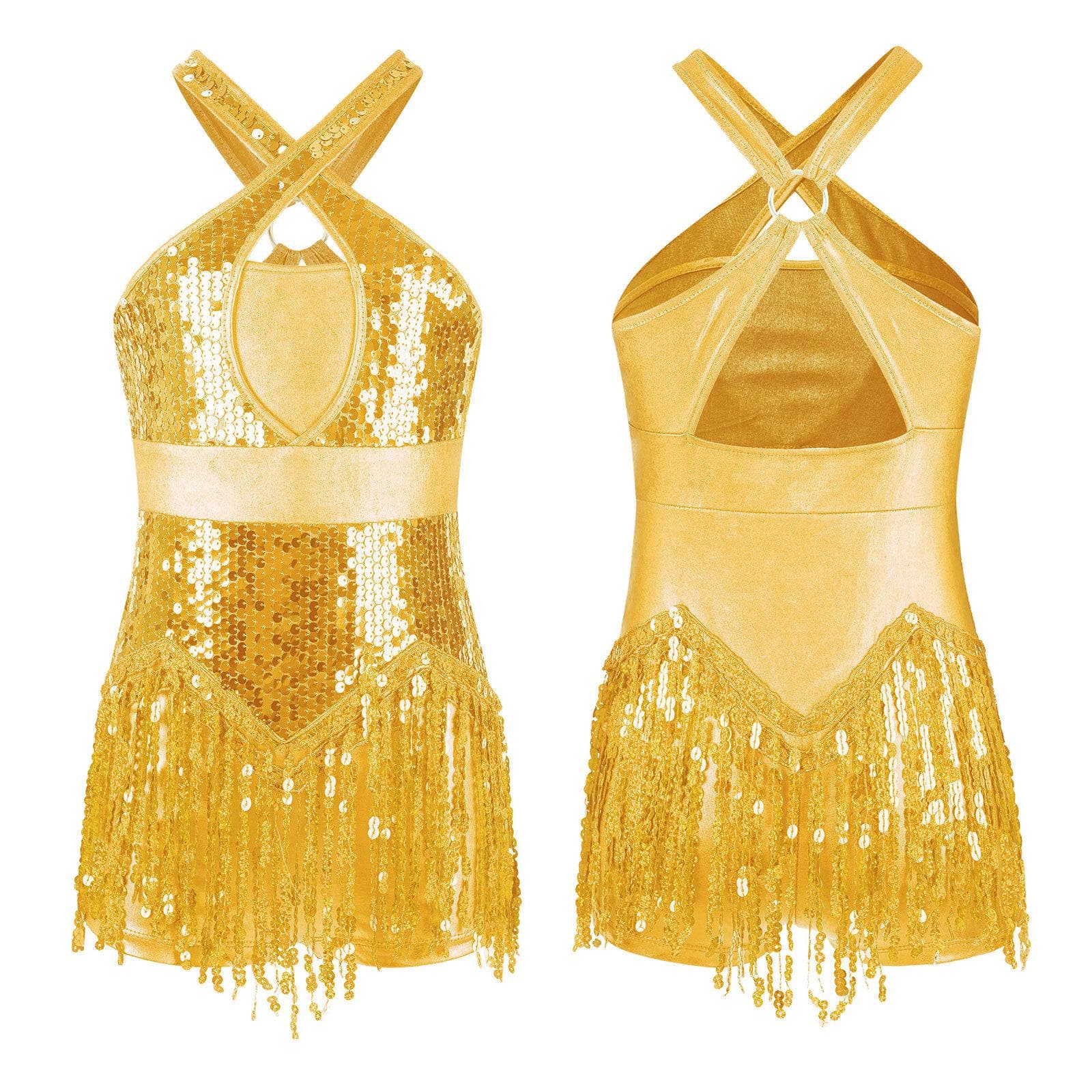 Kids Girls Cha-Cha Latin Dance Fringed Bodysuit Sparkly Sequins Tassel Leotard Performance Costume Tango Dancing Jazz Dancewear 7-8 Years gold