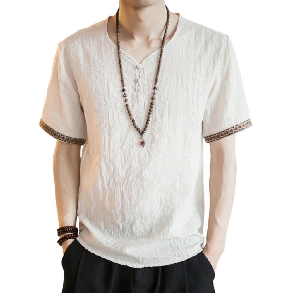 Men's Short Sleeve V-Neck T-Shirt Lightweight Casual Top Plus Size Plain Color Shirt Summer Clothing Daily Wear M beige