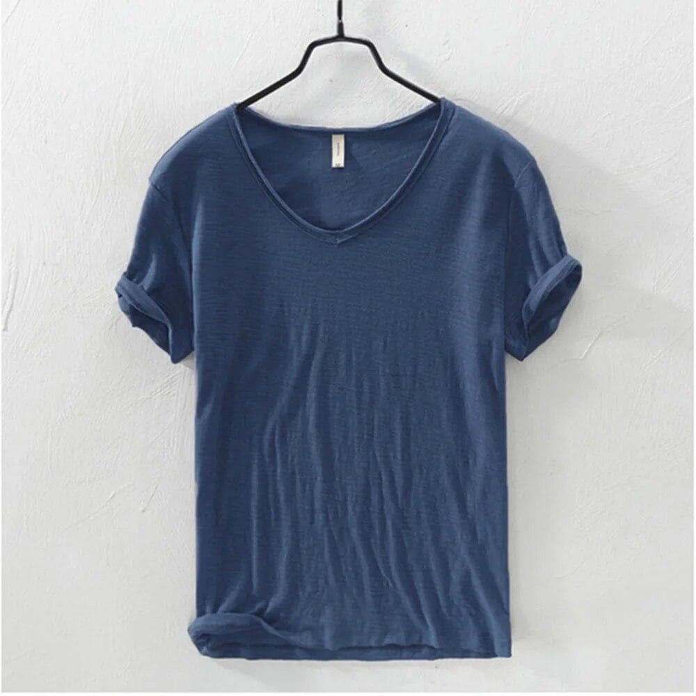 New Slim Fit Slub Cotton Pure Color V Collar Short Sleeved Tops Tees Men T-Shirt Multi-color Man T-Shirts Fitness EU S 50-60kg denim blue
