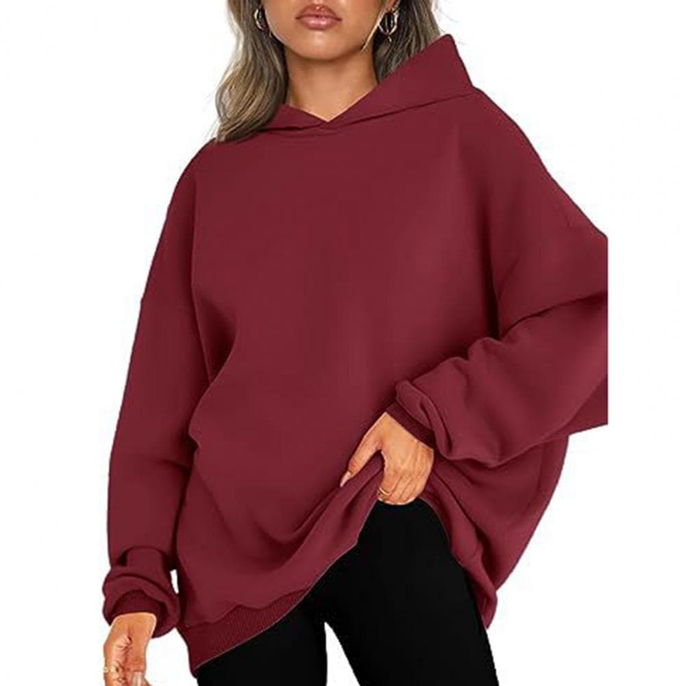 Women Autumn Winter Solid Color Sweatshirt Hooded Long Sleeve Oversized Loose Fit Pullover Top Hoodie Streetwear M wine red