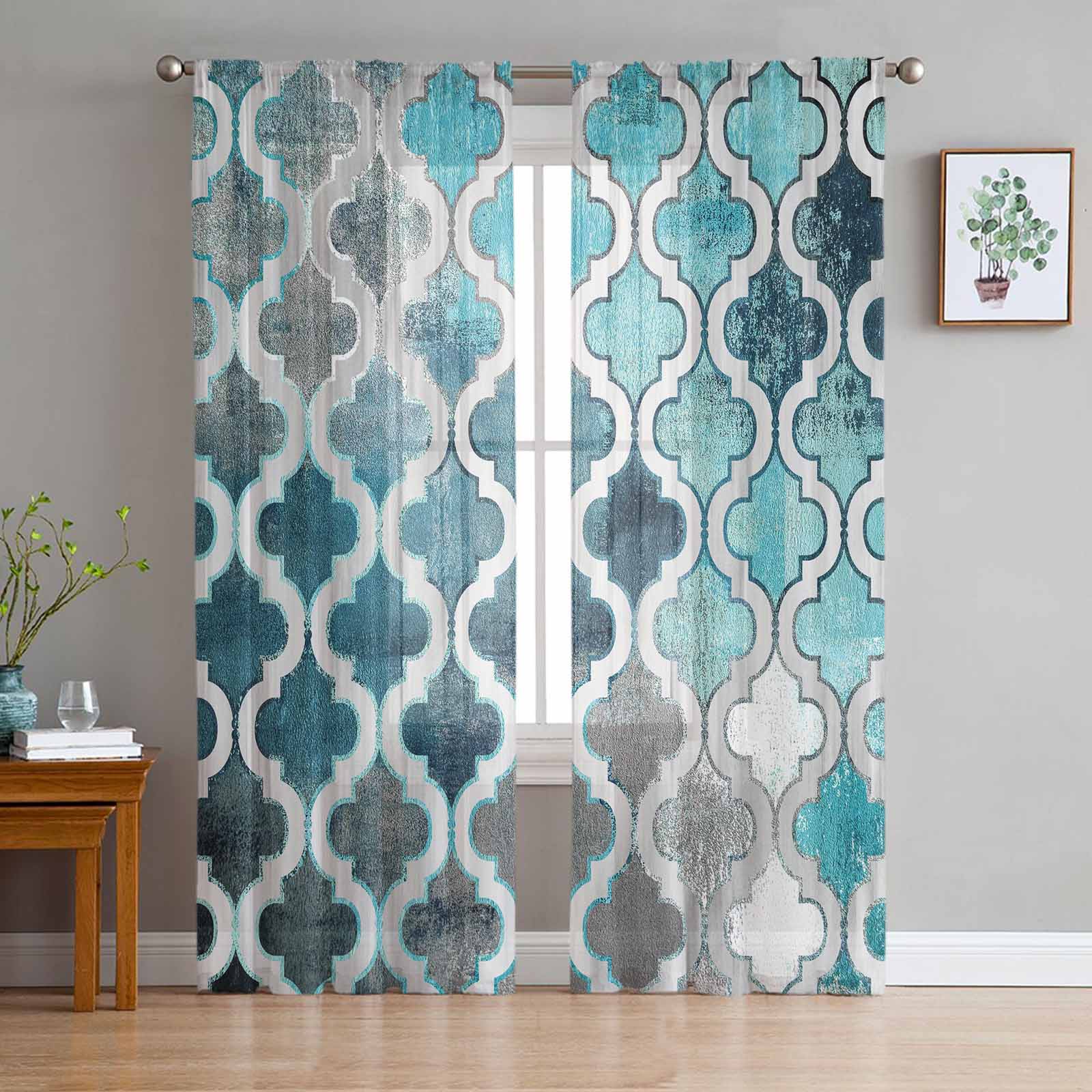 Retro Abstract Paint Mottled Moroccan Blue-Green Window Tulle Curtains for Living Room Hotel Luxury Decoration Sheer Curtains 135W x 114H(cm)