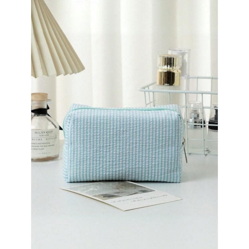 Striped Bubble Chiffon Zipper Clutch, Travel Toiletry Bag, Striped Cosmetic Bag L-light Blue multicolour