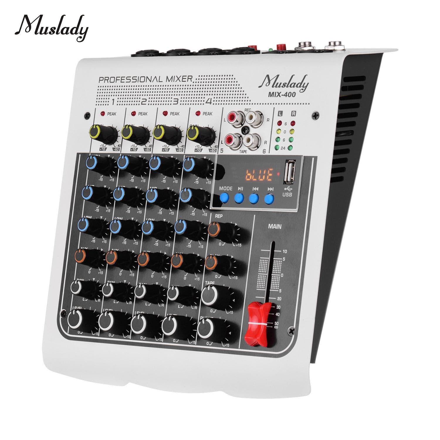 Muslady MIX-400 Professional 6-Channel Audio Mixer Mixing Console 3-Band EQ with Reverb Delay EU Plug