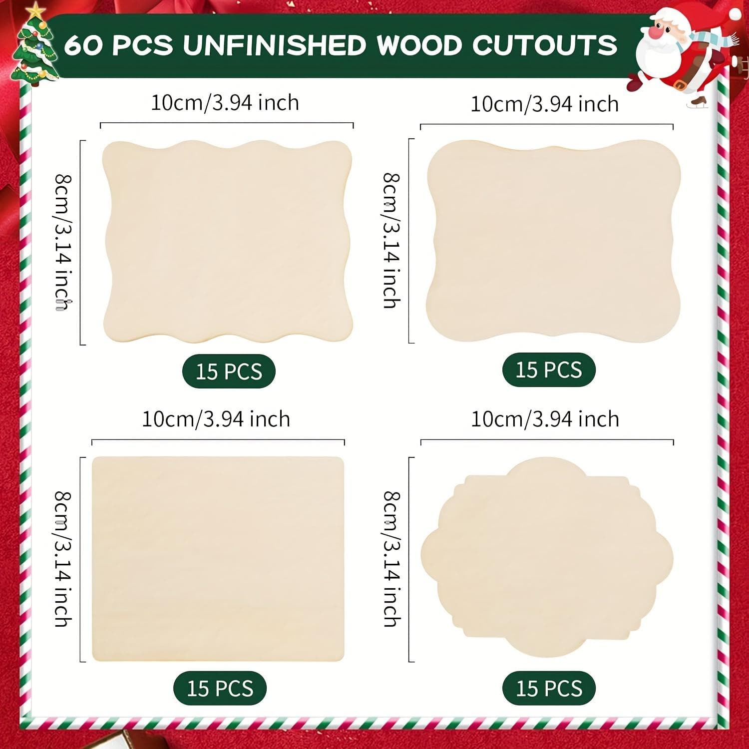 60pcs Wooden Cutouts Set - Blank, Irregular Shapes for DIY Crafts, Coasters, Home & Christmas Decor, Painting, and Wood Burning Projects 60pcs