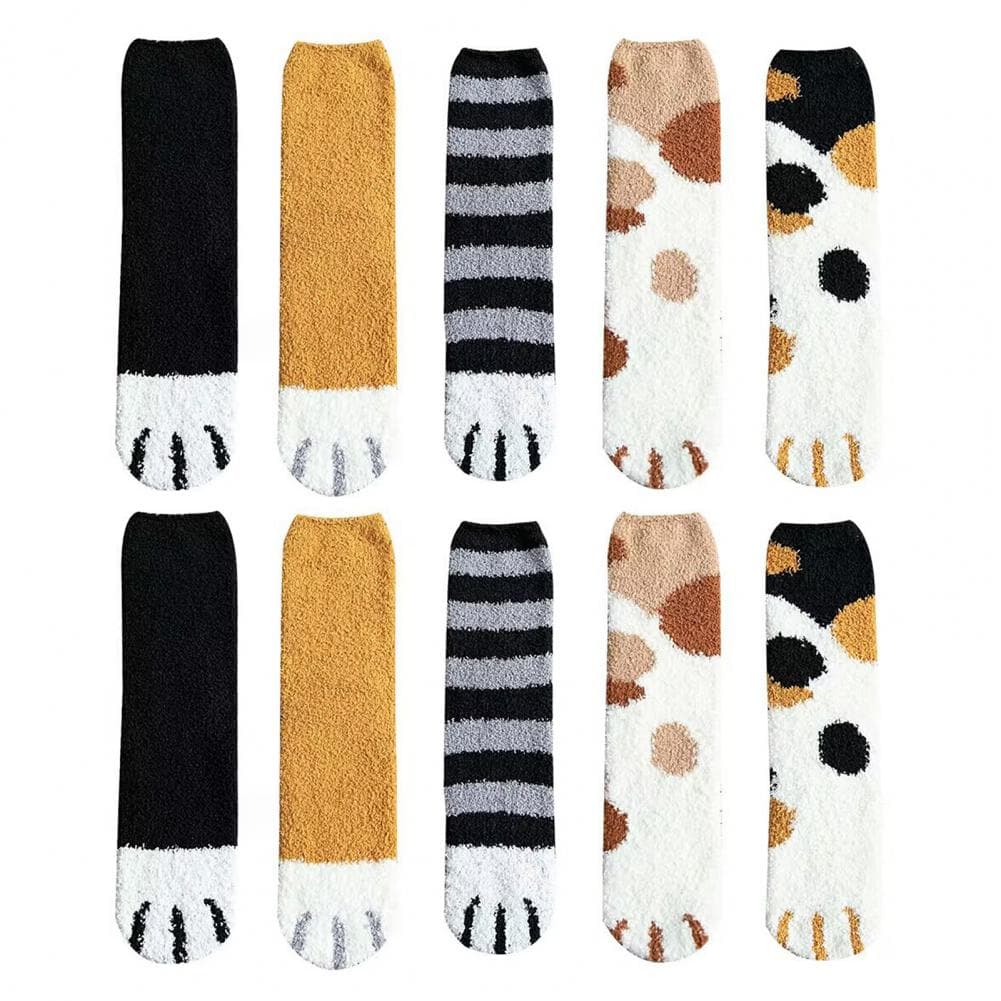 5 Pairs Women Socks Thick Coral Fleece Cartoon Cat Paw Shape Color Matching Mid Tube Elastic Anti-slip Warm Daily Home Wear Sock