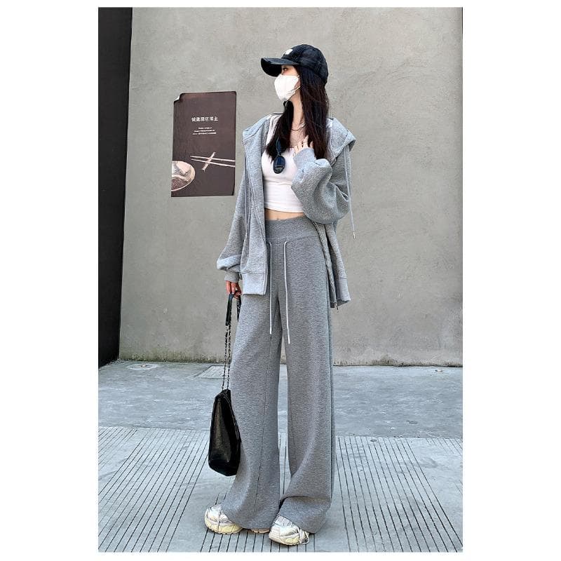 Grey Double-waisted Wide-leg Pants Women's Loose Casual High-waisted Drape Velvet Straight Sweatpants 2XL light grey