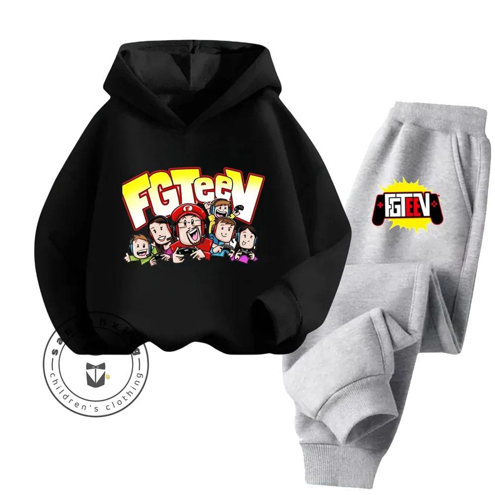 FGTeeV Cartoon Loungewear Ideal for Lazy Weekends Indoors Children's Creative Design Cartoon Printing Pure Cotton Hoodie Set 150
