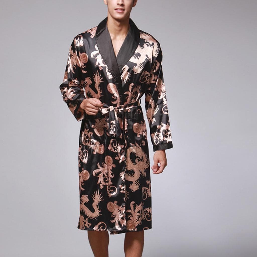 (SU)Men Simulation Silk Print Plus Size Pajamas Lingerie Robe Bathrobe Dressing Gown L black