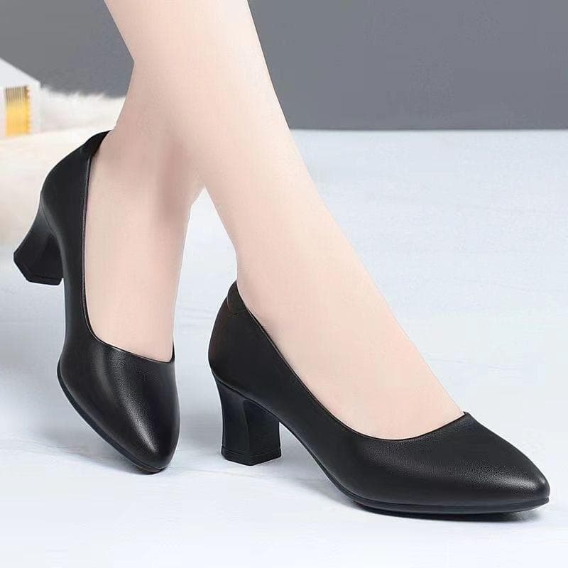 Comfortable Soft Leather Work Shoes, Soft Sole, Comfortable Mid-heel Four Seasons Single Shoes, Women's Thick-heeled Non-slip Leather Shoes 39 ash black