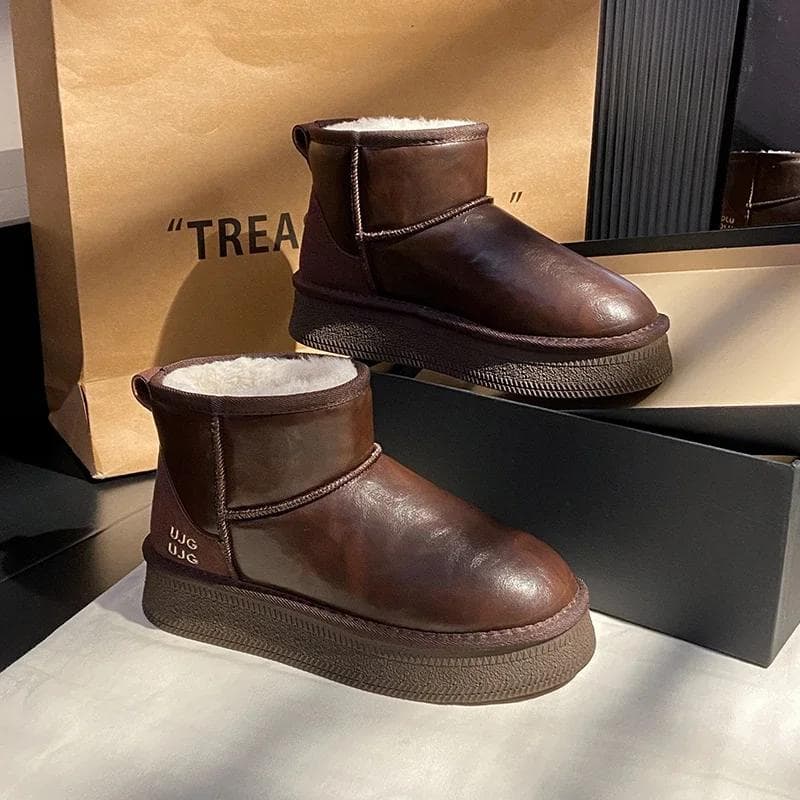 Platform Flats Winter Snow Ankle Boots Fur Warm Women Shoes 2025 Fashion Leather Boots Short Plush Cotton Shoes Chelsea Botas 36
