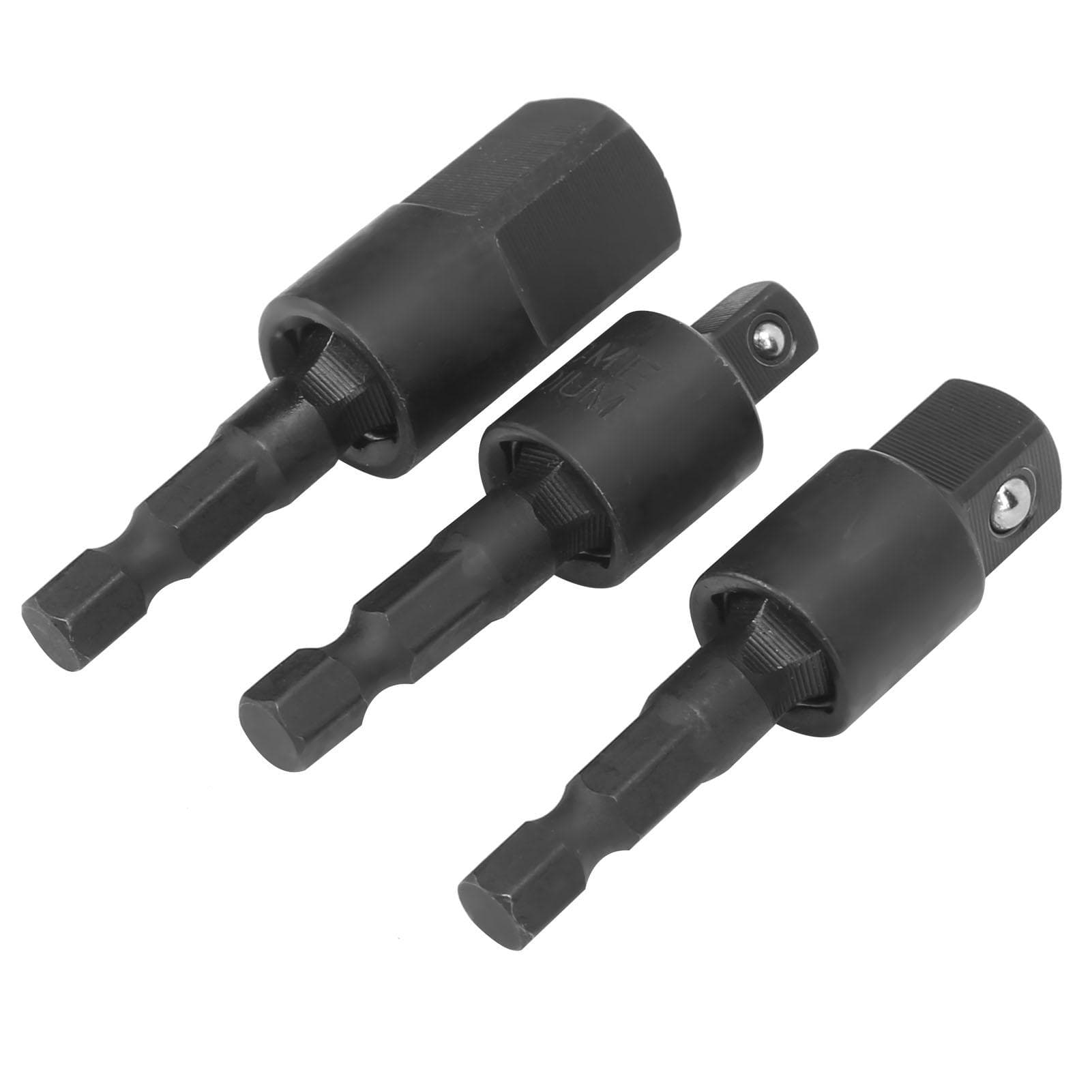 3Pcs Power Drill Socket Set Metal Hex Shank Impact Driver Adapter 360 Degree Rotatable Black