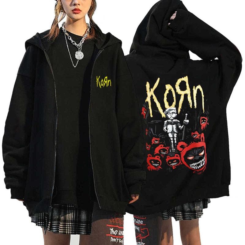 Korn Rock Band Print Zipper Hoodies Metal Music Men's Zip Up Jackets Hip Hop Streetwear Sweatshirts Unisex Y2K Cardigan Coats M